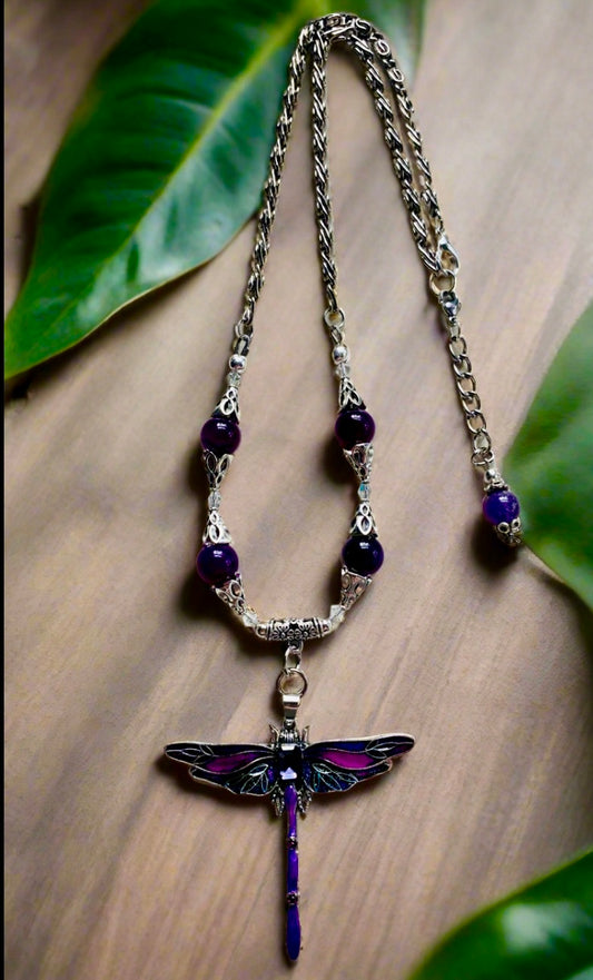 Banded Agate/Purple Dragonfly Pendant Necklace