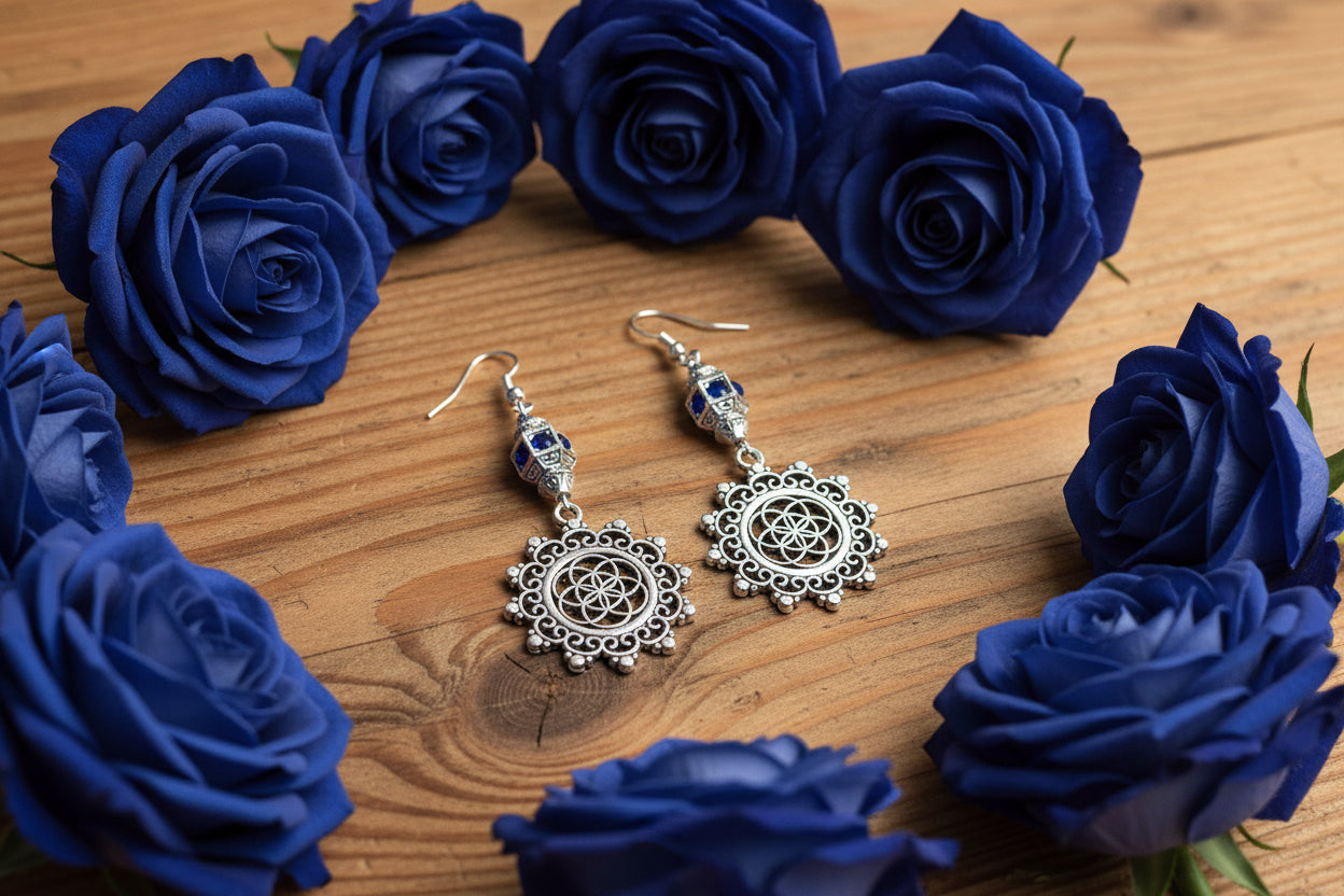 Flower of Life/Tin Alloy Cobalt Blue Rhinestone Bead Earrings