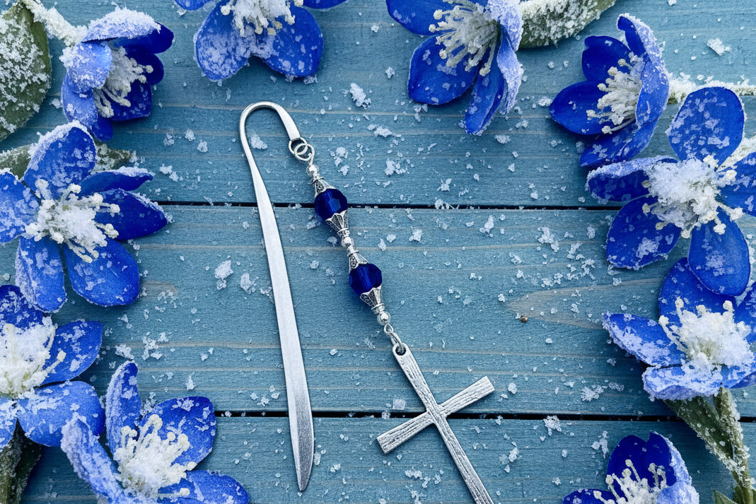 Bookmark with Stainless Steel Cross & Cobalt Blue Beads