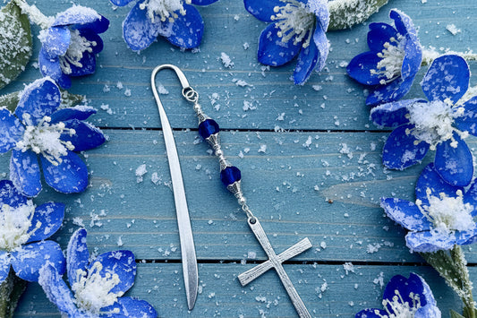 Bookmark with Stainless Steel Cross & Cobalt Blue Beads
