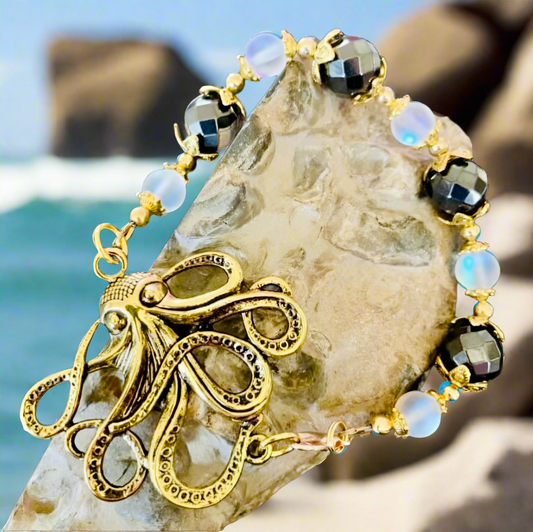 Brass Octopus/Mermaid Glass/Hematite Bead Bracelet