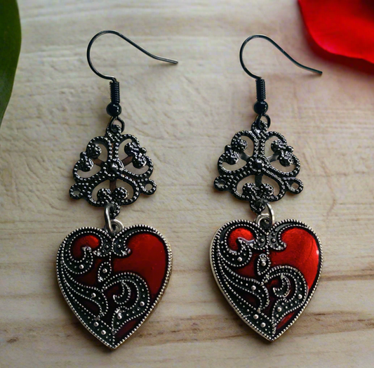 Lacy Enameled Heart Charm Earrings