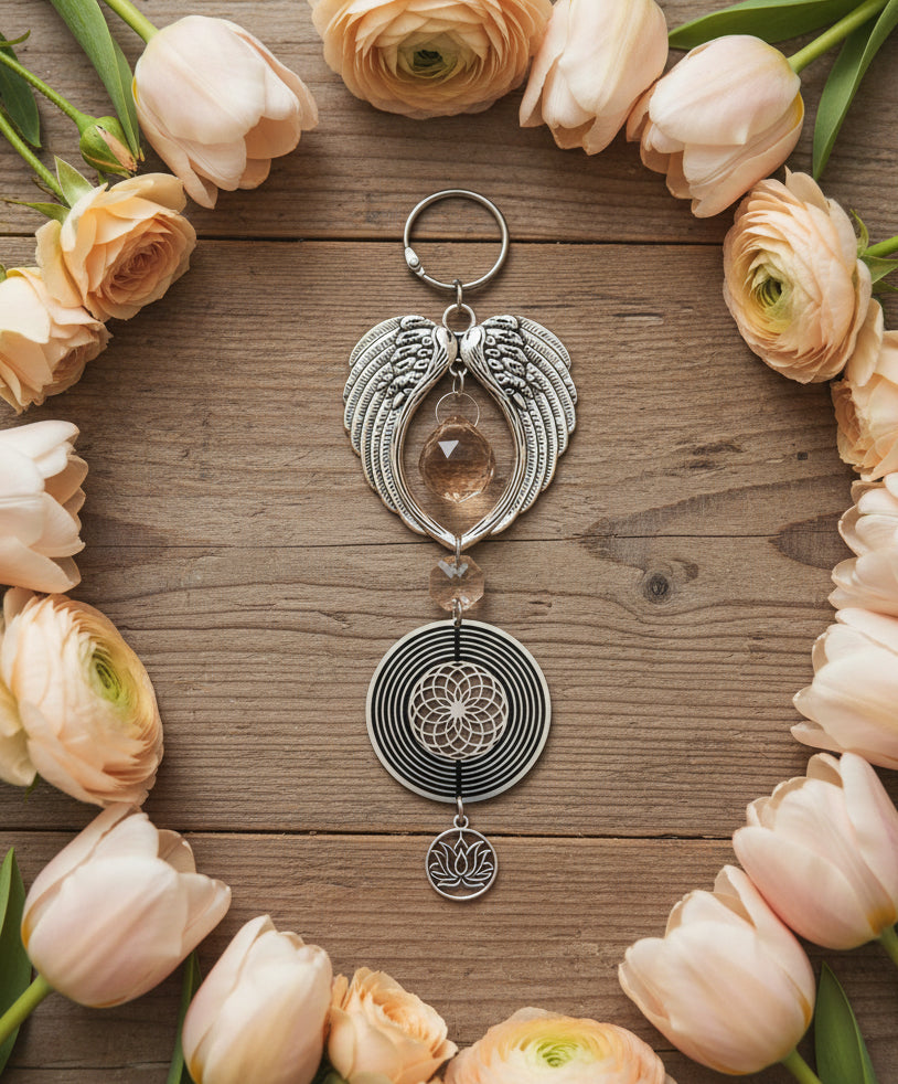 SunCatcher with Tin Alloy Angel Wing/Stainless Steel Connector & Champagne Crystal Ball