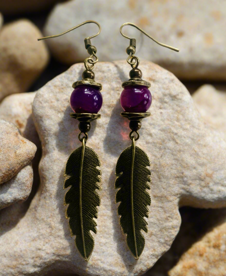 Antiqued Bronze Leaf Charm Earrings with Agate Stones
