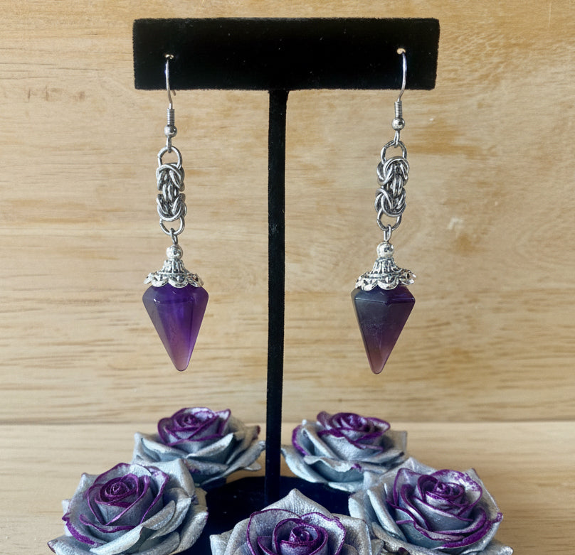 Amethyst Gemstone Pendulum Earrings with Byzantine Chainmaille