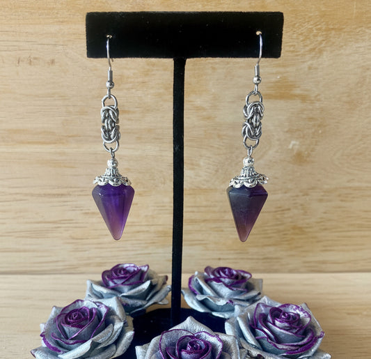 Amethyst Gemstone Pendulum Earrings with Byzantine Chainmaille