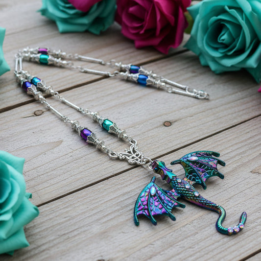 Teal/Magenta Enameled Dragon Pendant Necklace with Rainbow Hematite Beads