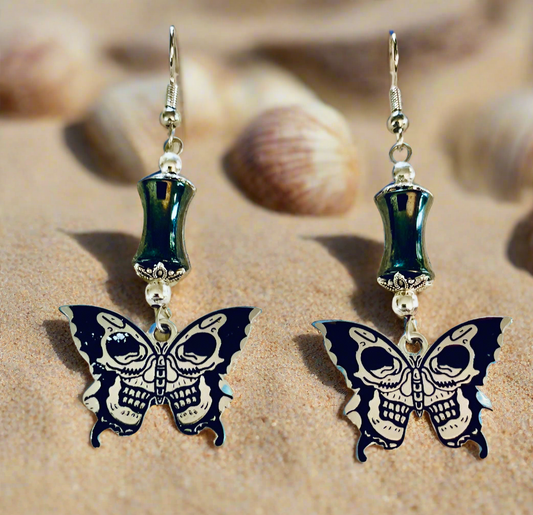 Tin Alloy Butterfly/Skull/Hematite Bead Earrings