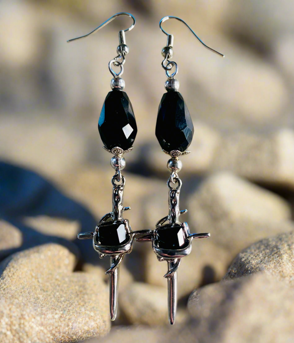 Black Glass/Stainless Steel Cross Earrings