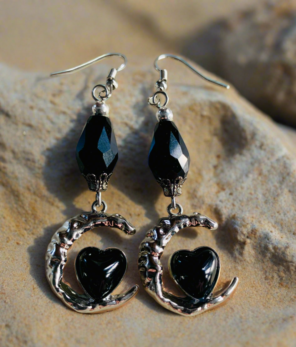 Black Glass Heart/Crescent Moon Charm Earrings