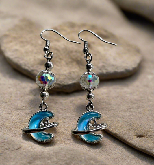 Blue Ocean Rhinestone Glass Moon Charm Earrings