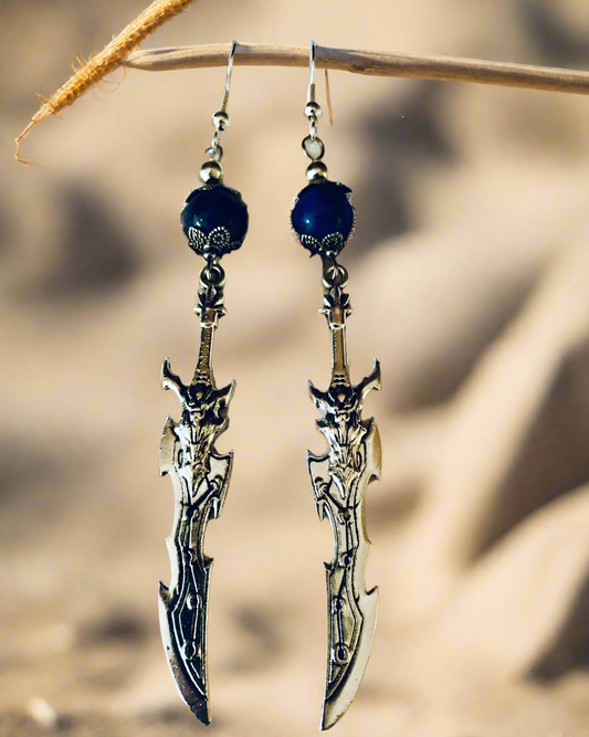 Patterned Sword/Lapis Lazuli Bead Earrings