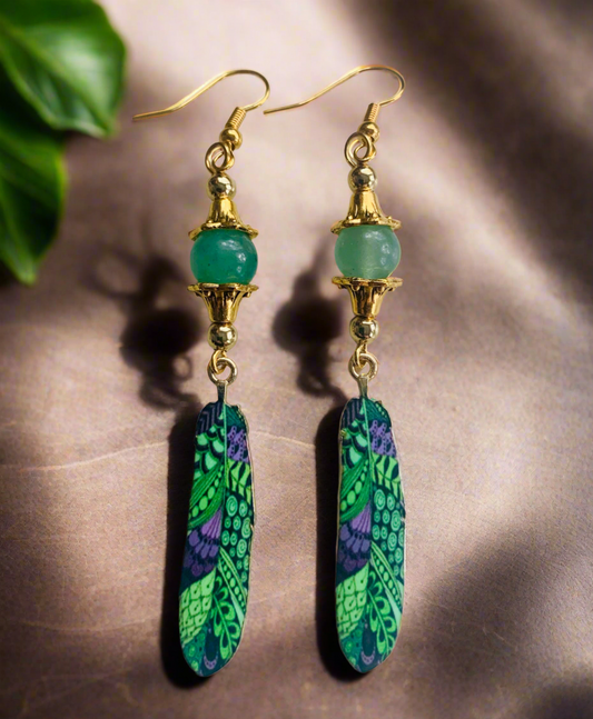 Enamled/Brass Feather Earrings: Aventurine Beads