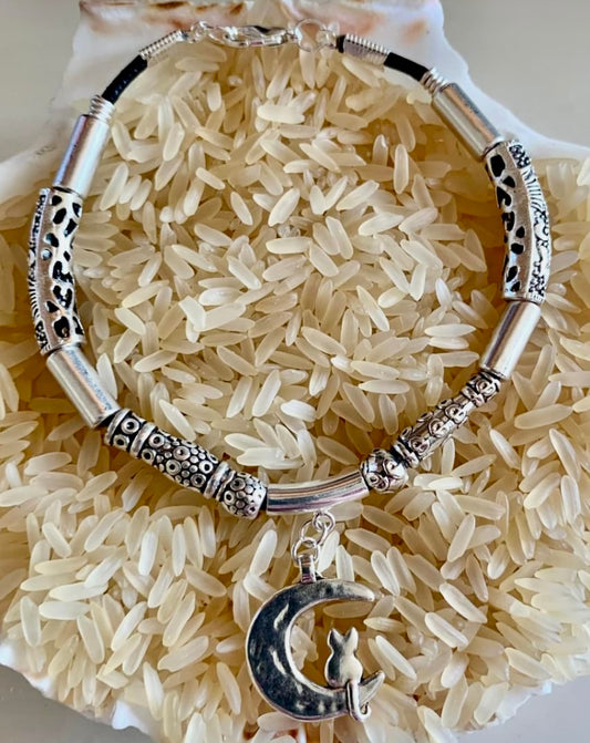 Stainless Steel/Noodle & Straight Spacer Kitty Charm Bracelet