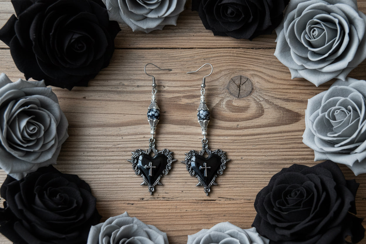Enameled Tin Alloy Heart/Cross Charm Earrings with Snow Flake Obsidian Beads