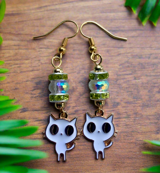 Enameled White Kitty Charm Earrings