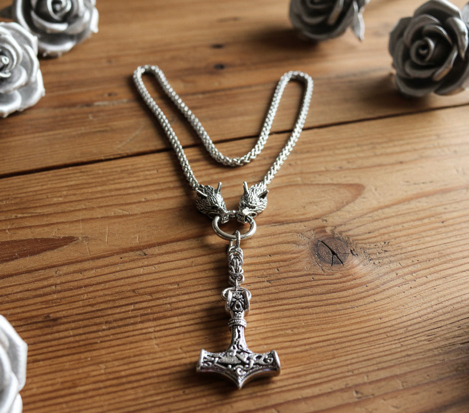 Thor’s Hammer with Stainless Steel Wolf’s Bite Chain Necklace