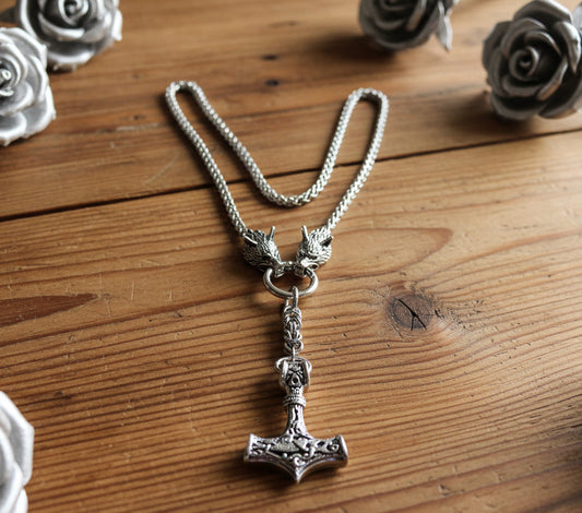 Thor’s Hammer with Stainless Steel Wolf’s Bite Chain Necklace