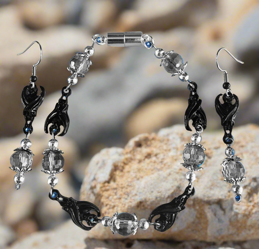 Black Bat Connectors/Smoky Glass Bead Bracelet & Earring Set