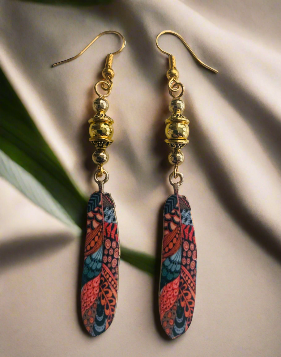 Enameled Feather Earrings with Brass Balls