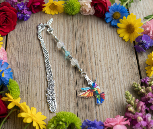 Patterned Stainless Steel Bookmark With Multicolored Acrylic Hummingbird