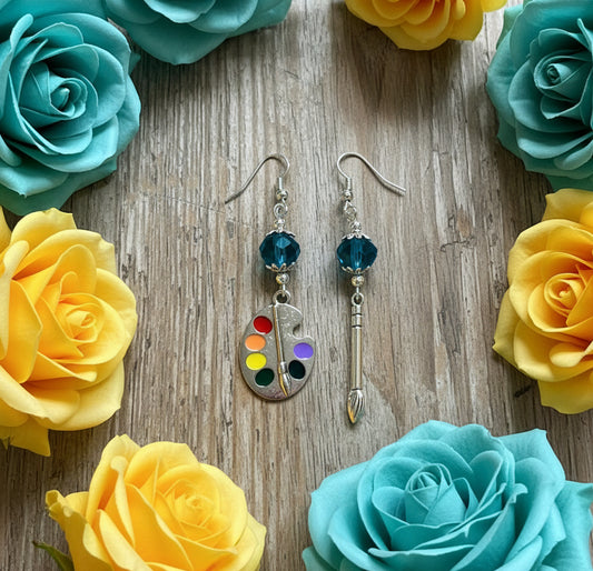 Palette/Brush Charm Earrings with Faceted Teal Glass Beads