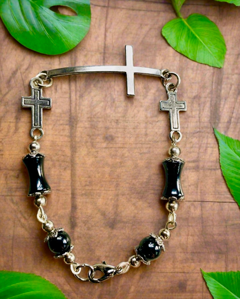 Stainless Steel Cross/Hematite Bead Bracelet