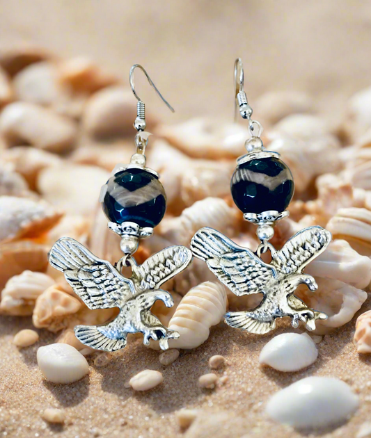 Banded Onyx/Eagle Charm Earrings