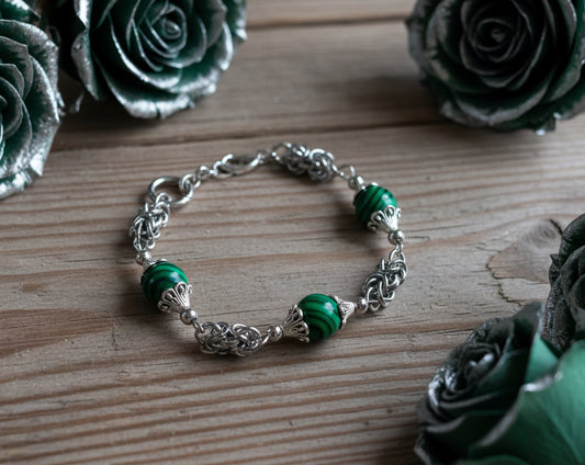 Malachite Gemstone Bracelet with Byzantine Chainmaille Spacer Chain