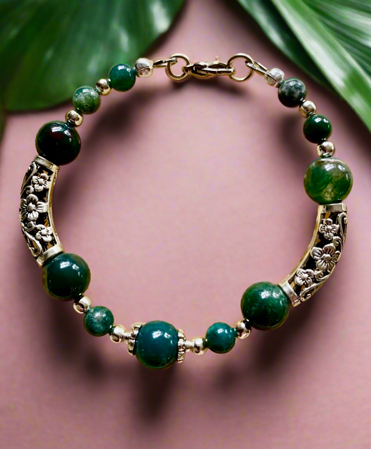 Moss Agate Gemstone Bead Bracelet