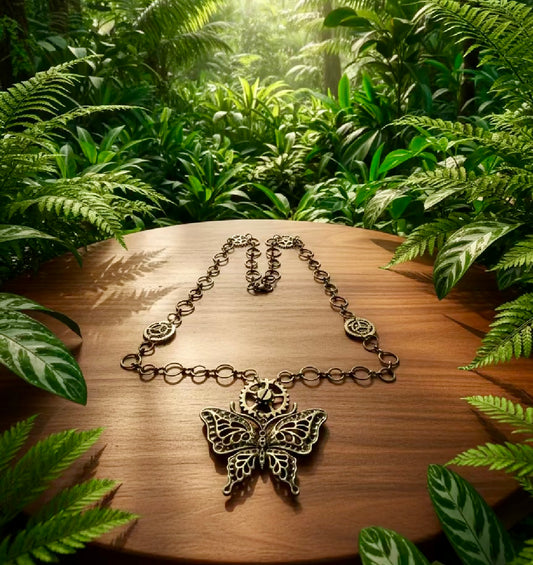 Steampunk-Inspired Necklace with Antiqued Bronze Butterfly Pendant