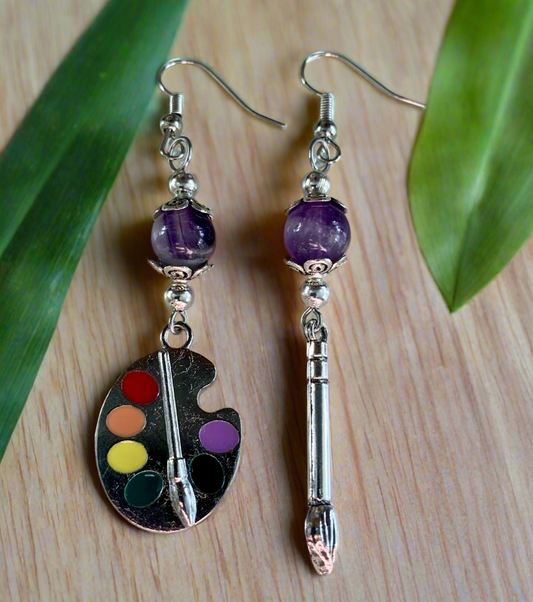 Paintbrush/Palette Charm Earrings with Amethyst Beads