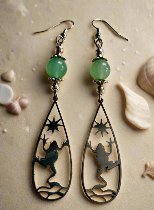 Tree Frog/Aventurine Bead Earrings