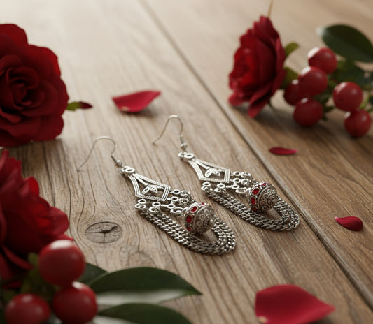 Vintage-Inspired Chain/Red Rhinestone Bead Earrings