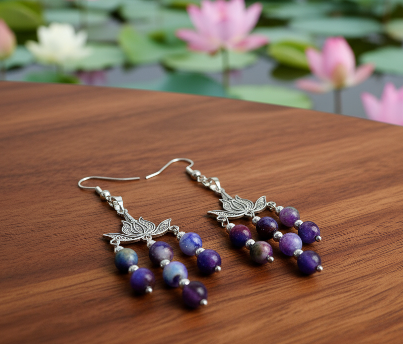 Lotus Flower/Fancy Jasper Stone Bead Earrings