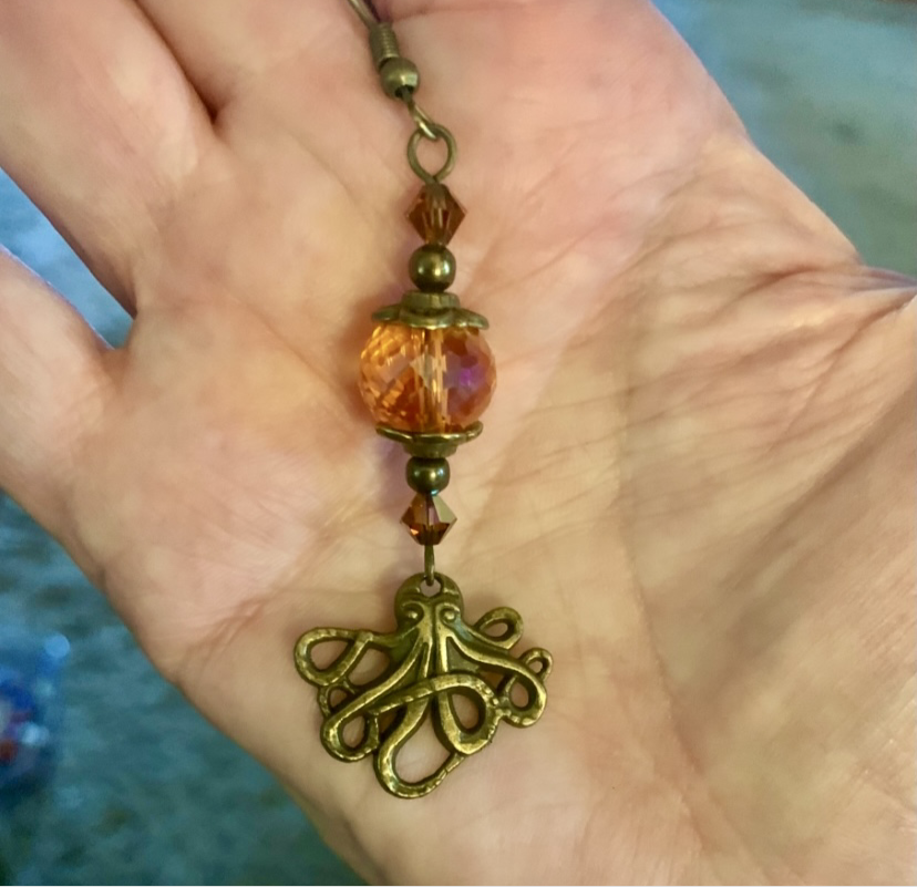 Antiqued Bronze Octopus Charm Earrings with Czech Crystal/Swarovski Crystals