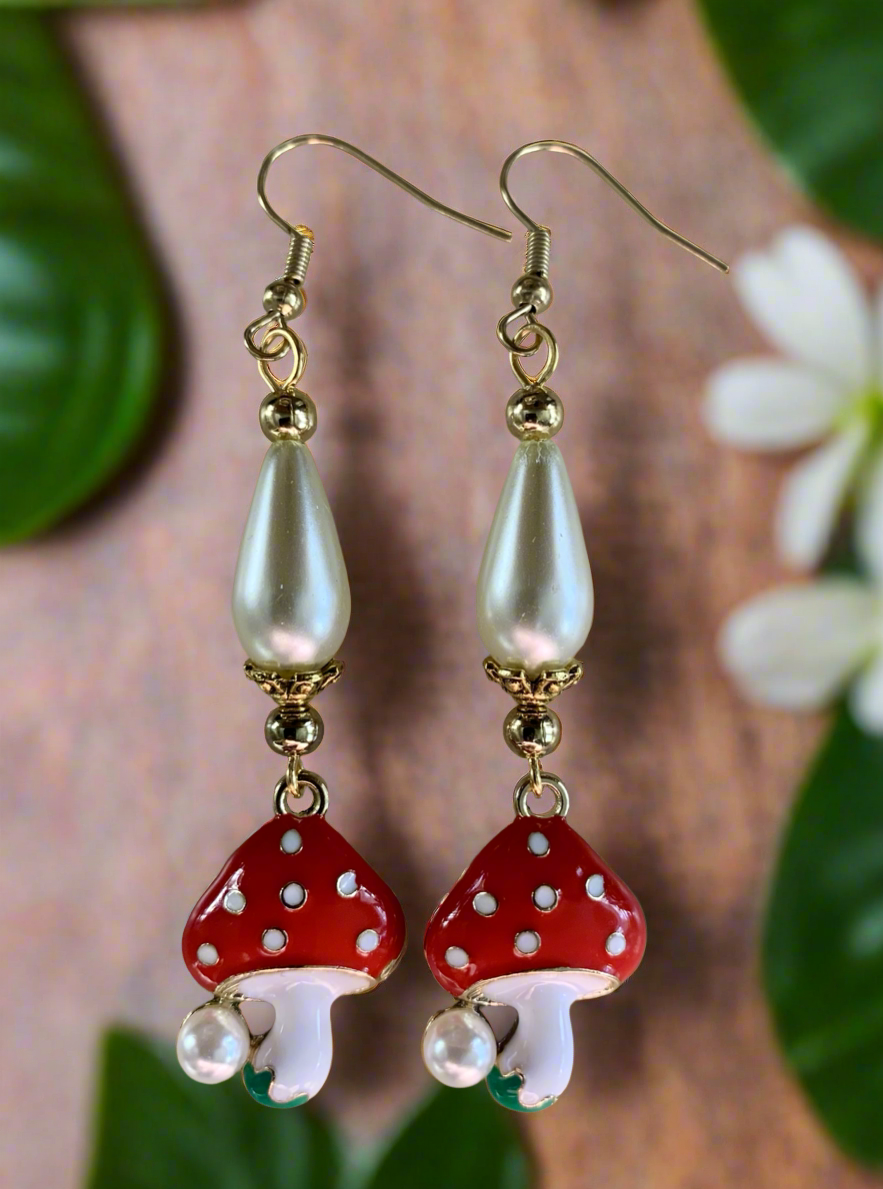 Enameled Mushroom Charm Earrings