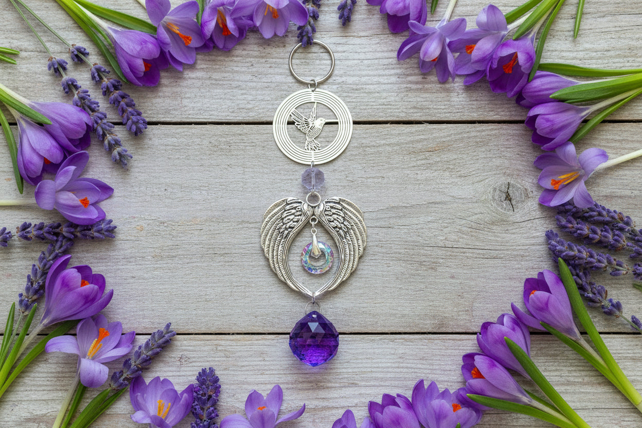SunCatcher with Large Violet Crystal Ball, Angel wings & Hummingbird Connector