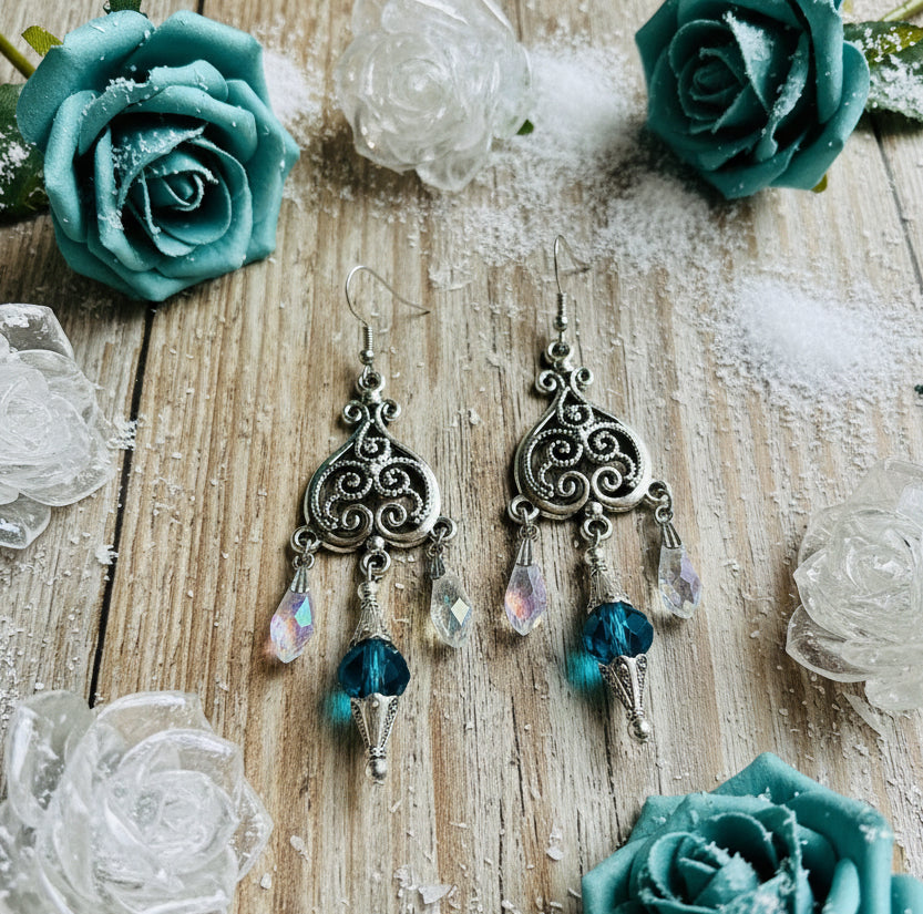 Chandelier Earrings with Teal Glass/Vintage Crystal Beads