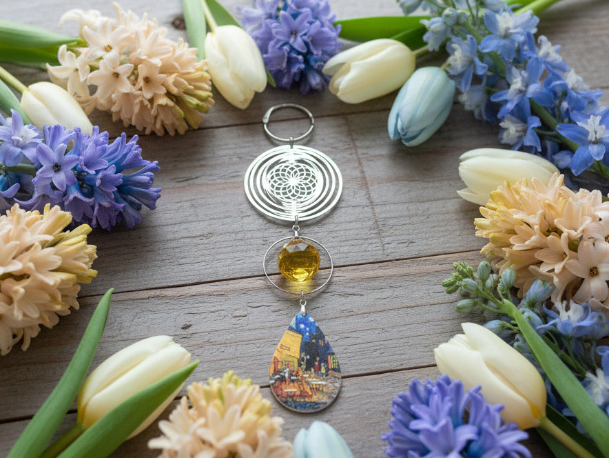 SunCatcher with Wood Teardrop Van Gough Scene/Crystal Ball Prism/Stainless Steel Connector