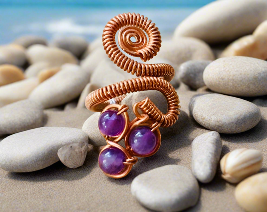 Hand-Coiled Copper Wire Ring with Amethyst Stones