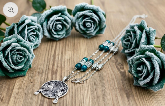 Zinc Alloy Raven/Tree of Life Pendant Necklace with Alloy Rune-Stone Spacers/Chrysocolla Beads