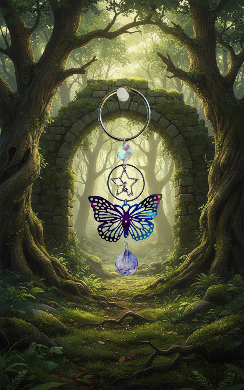 Rearview Mirror Multi-colored Butterfly & Lavender Crystal Ball Prism
