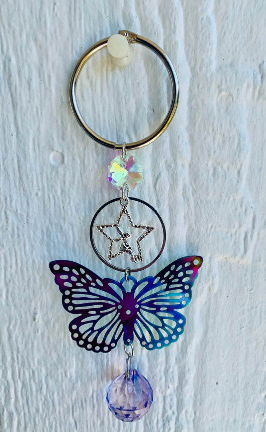 Rearview Mirror Multi-colored Butterfly & Lavender Crystal Ball Prism