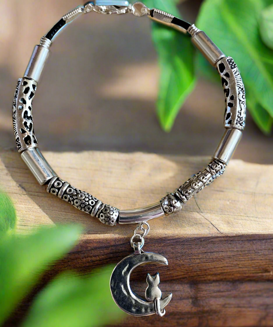 Patterned Stainless Steel Bracelet with Cat Charm