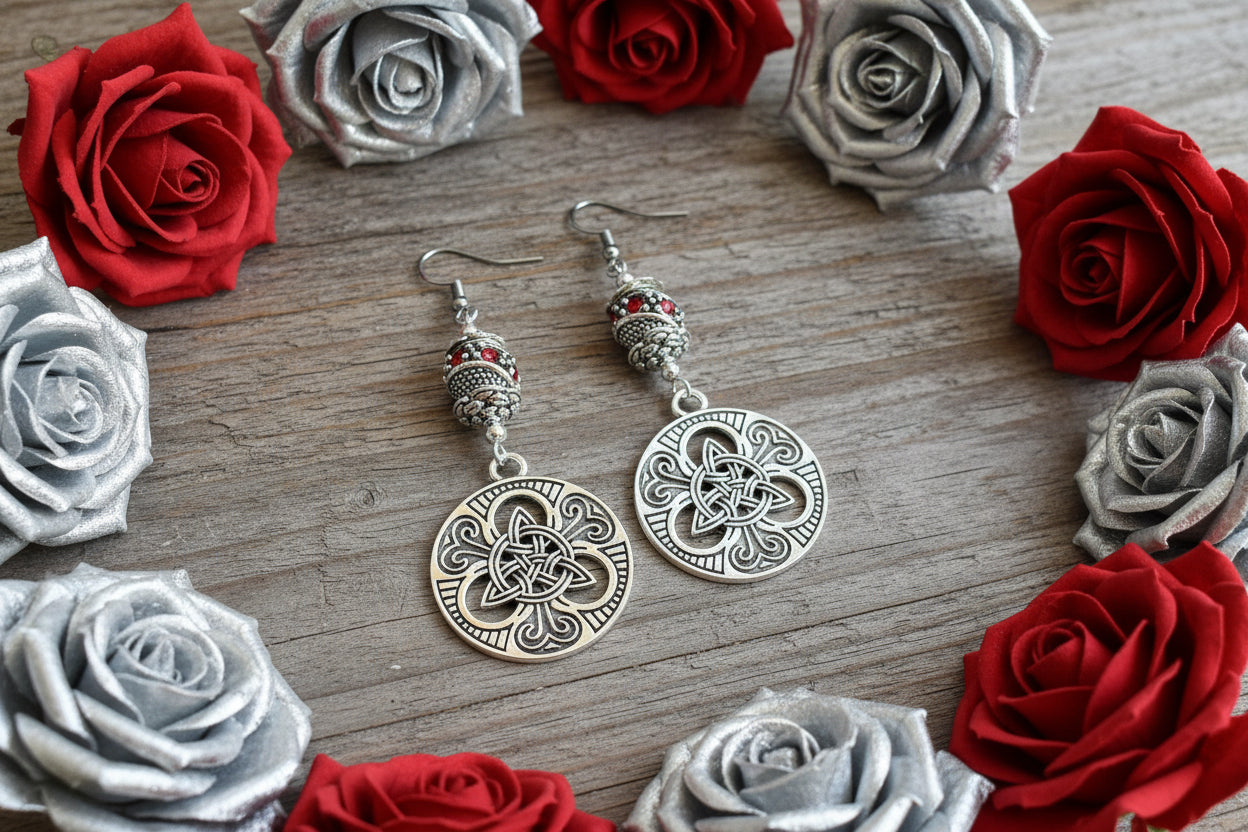 Celtic-Inspired Charm Earrings with Red Rhinestone Beads