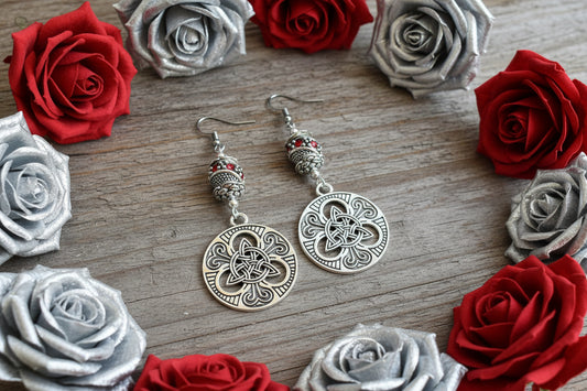 Celtic-Inspired Charm Earrings with Red Rhinestone Beads