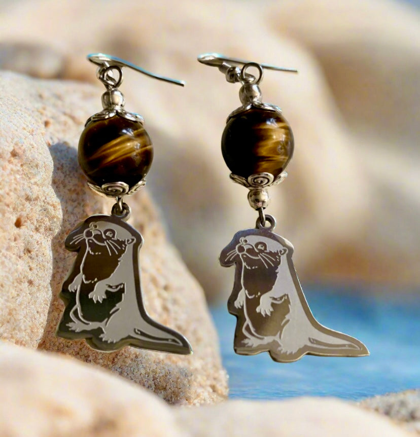 Tigereye Gemstone Bead/Otter Charm Earrings