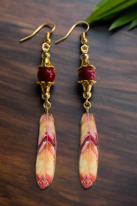 Enameled/Brass Feather Earrings with Czech Glass Beads