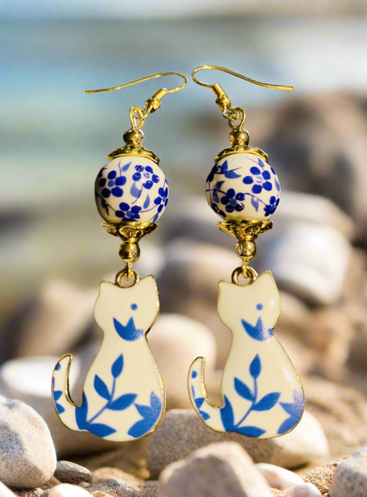 Enameled Kitty Charm Earrings